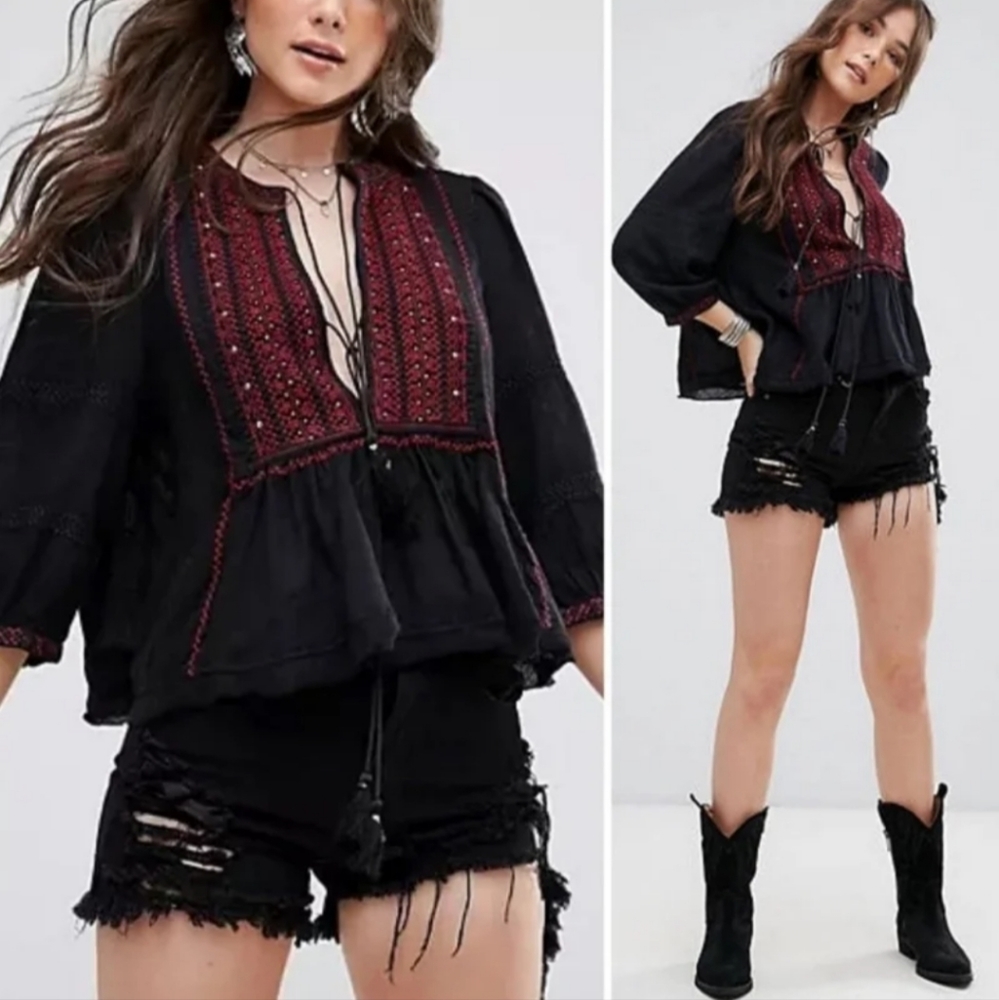 Free People Women's Boho Wild Life Embroidered Peasant Blouse Tassel Detail